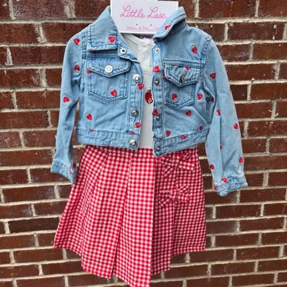 Little Lass Denim Jacket and dress set 2T strawberries gingham bows rhinestones
